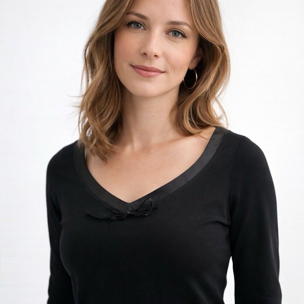 August Silk Knits Black Silk Blend Top XL Stretch Satin Trim Bow 3/4 Sleeve